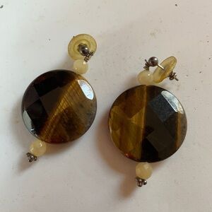 𝅺GENUINE Tiger’s Eye Drop Earrings w Cream Stone Large